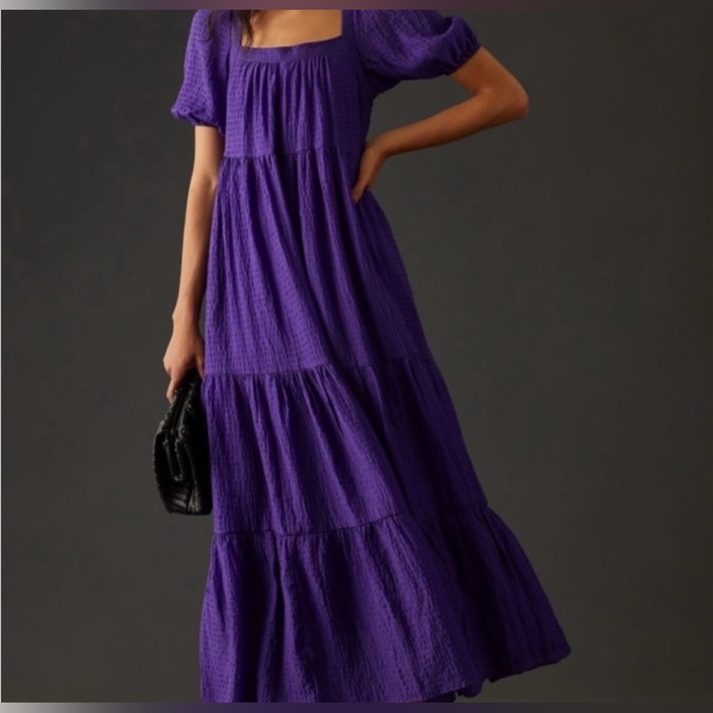 Anthropologie Tiered Puff Sleeve Purple Maxi Dress